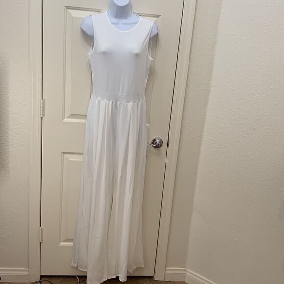 CBR White Pantsuit Jumpsuit Scoop Neck Zippered Back Flare Leg Cotton Polyester - Picture 2 of 15